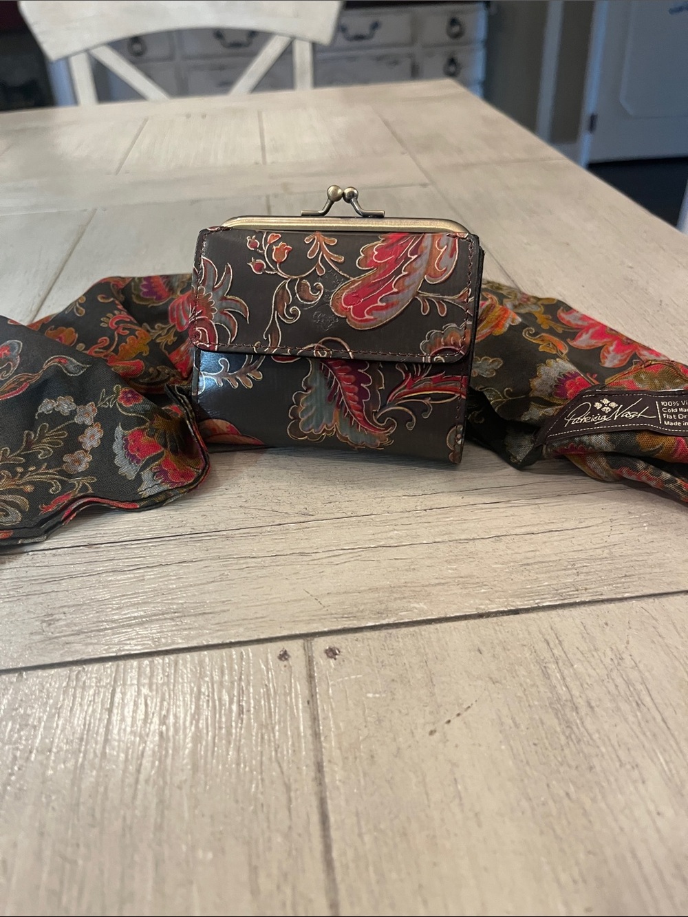 Patricia Nash Black Floral Paisley Wallet with Red and Gold Accents and Scarf